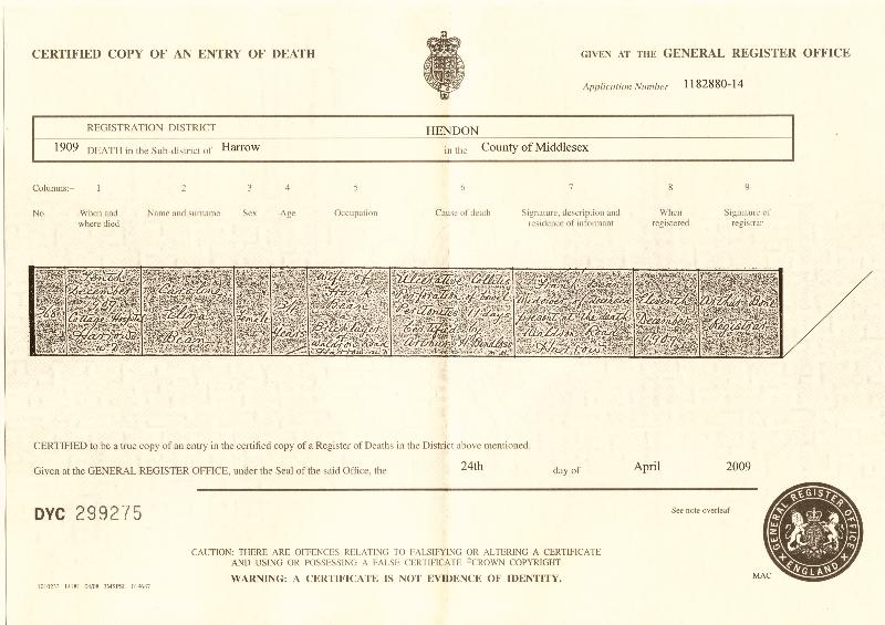Bean (Caroline Eliza nee Myhill) 1909 Death Certificate